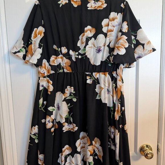 Shein Black Floral Wrap Maxi Dress — Flutter Sleeves, Deep V-Neck, Size 2XL - Picture 4 of 11